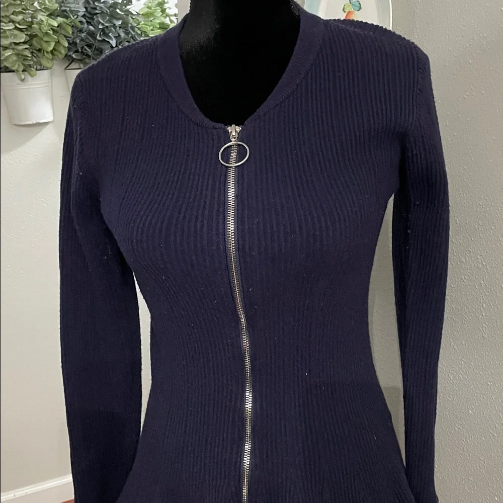 Venus Full Zip Ribbed Cardigan Sweater HiLo Navy Blue Long Slvs